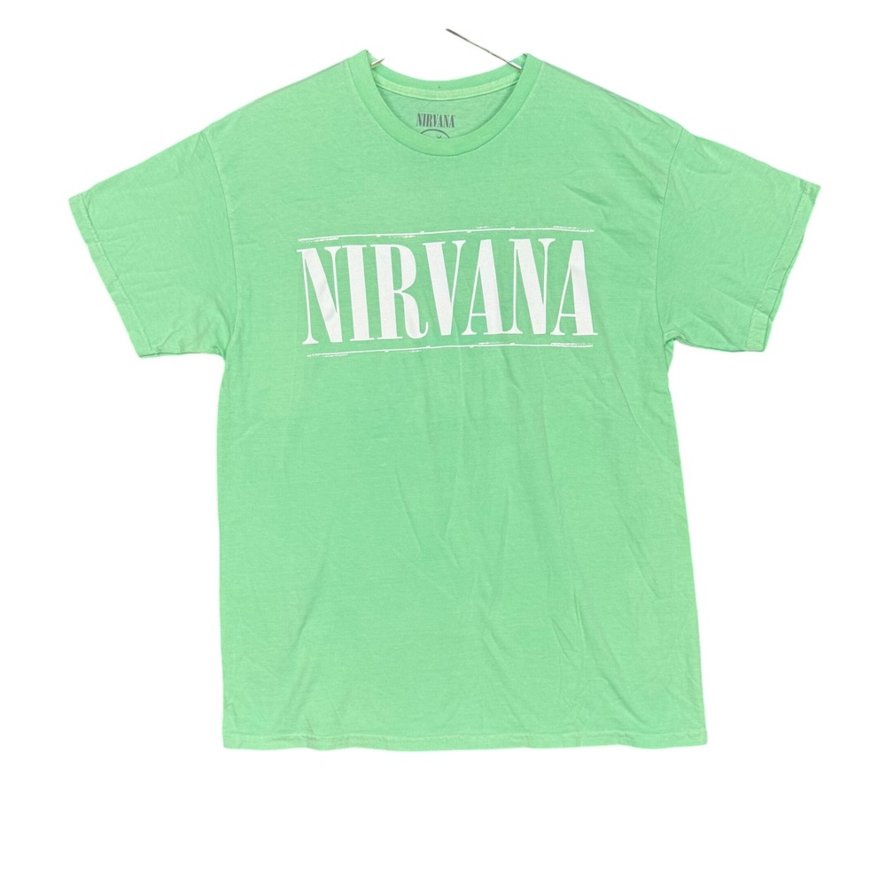 Nirvana T-Shirt Mens Large Green Band Logo Smiley Face Graphic Band Tee Retro‎